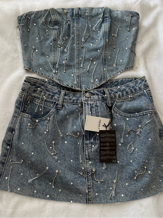 Forever 21 Dresses & Skirts - NWT Forever 21 Embellished Denim Corset Top + Mini Skirt Set - Light Blue